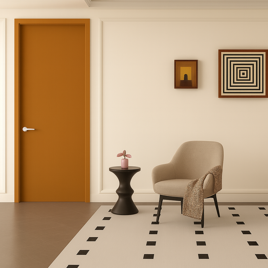 Teak colour WPC door installed in a modern living room interior